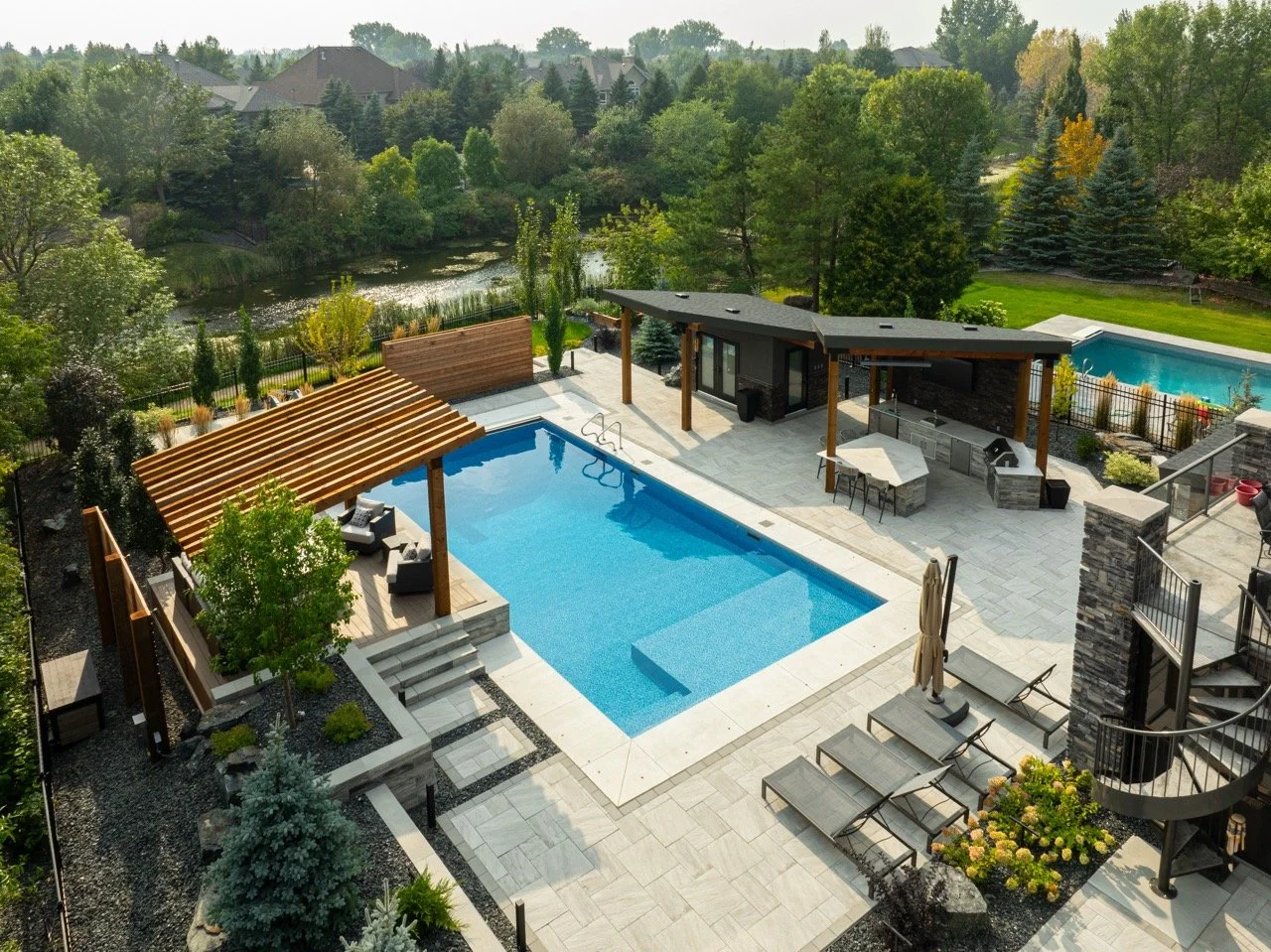 Luxury backyard with a large swimming pool, surrounded by modern outdoor furniture, shaded patios with wooden pergolas, 