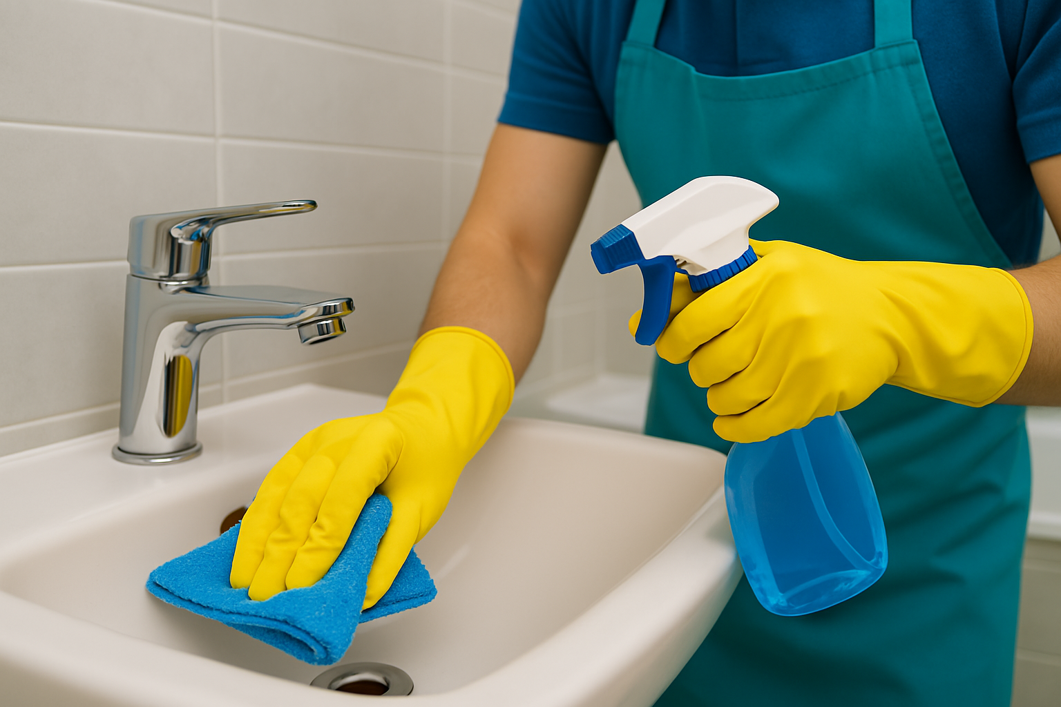 A person in a blue apron is scrubbing a sink, focusing on cleaning the surface thoroughly.