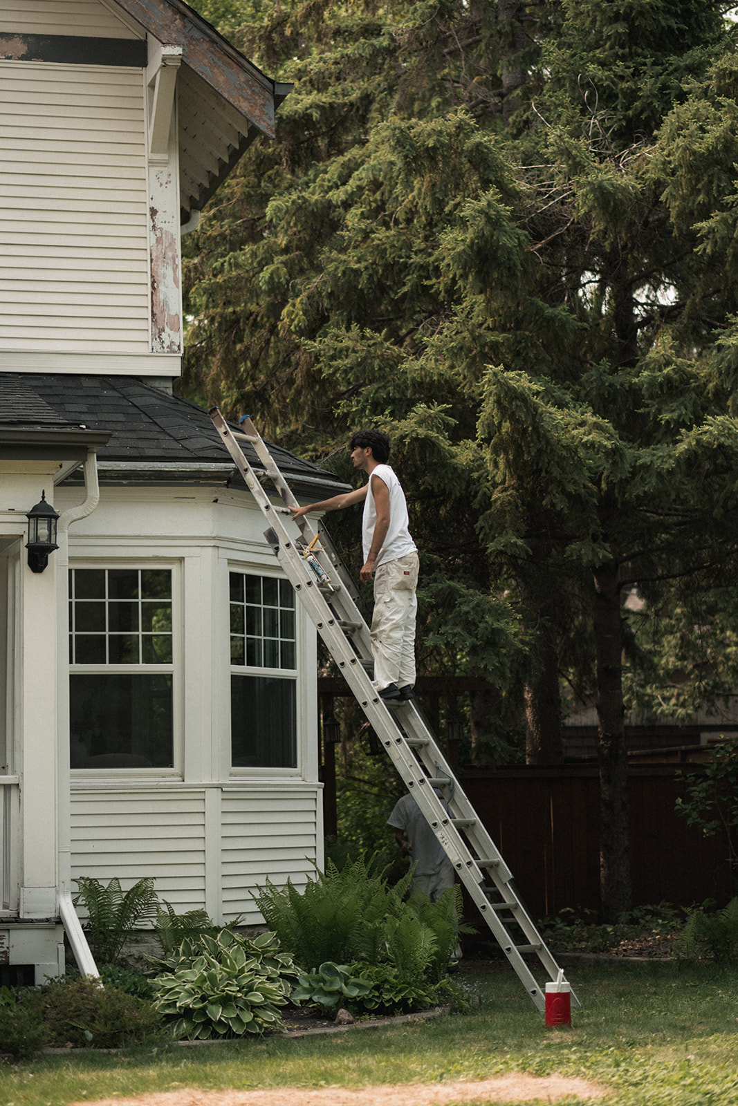 Painter on ladder working on freshly painted white siding