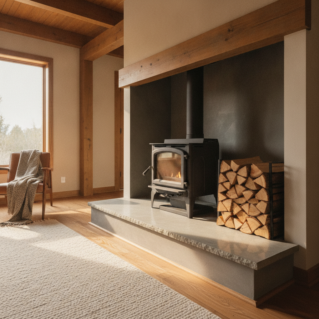 Freshly swept stone hearth with a wood stove