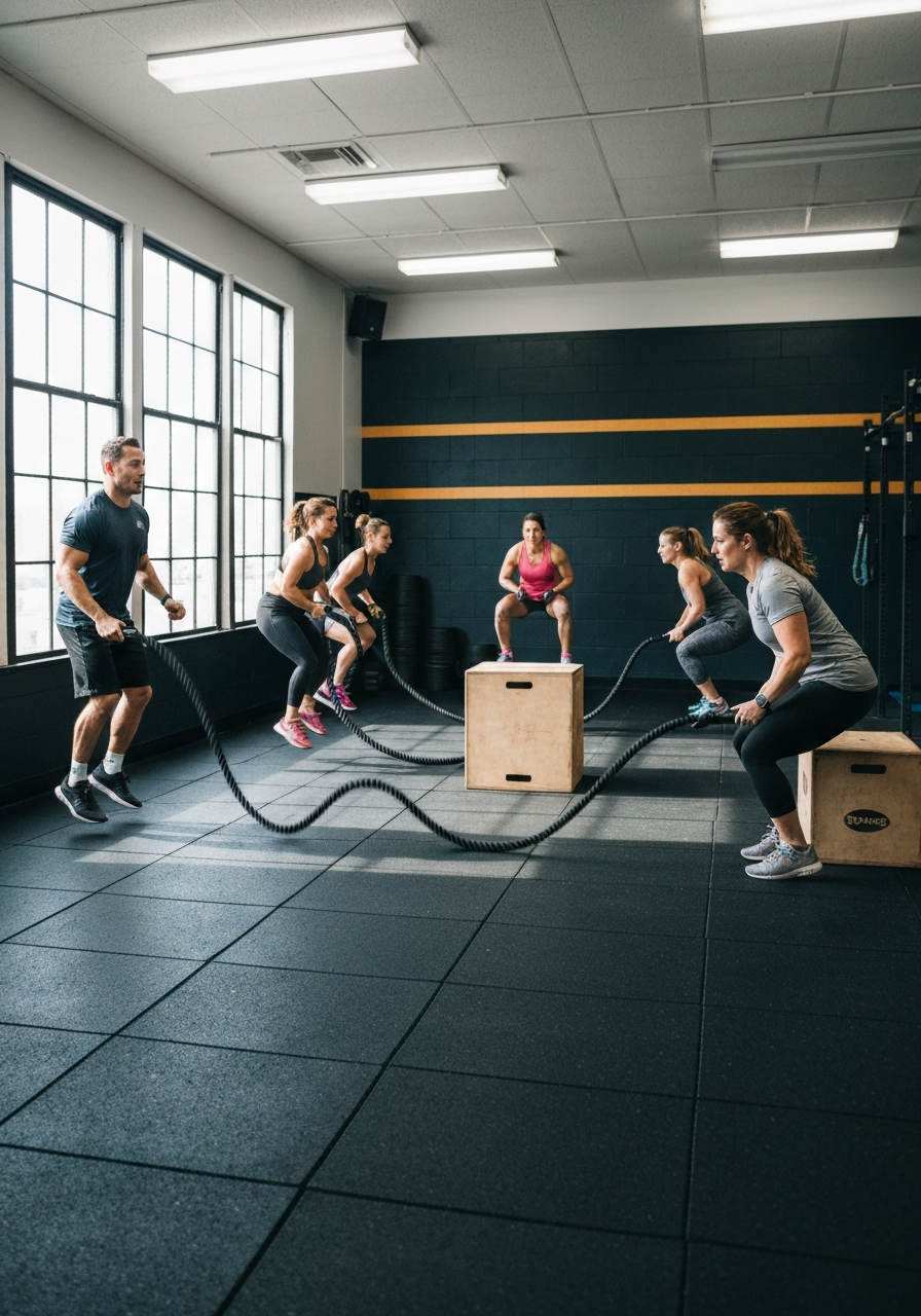 Small-group fitness class mid-circuit between battle ropes and box jumps.