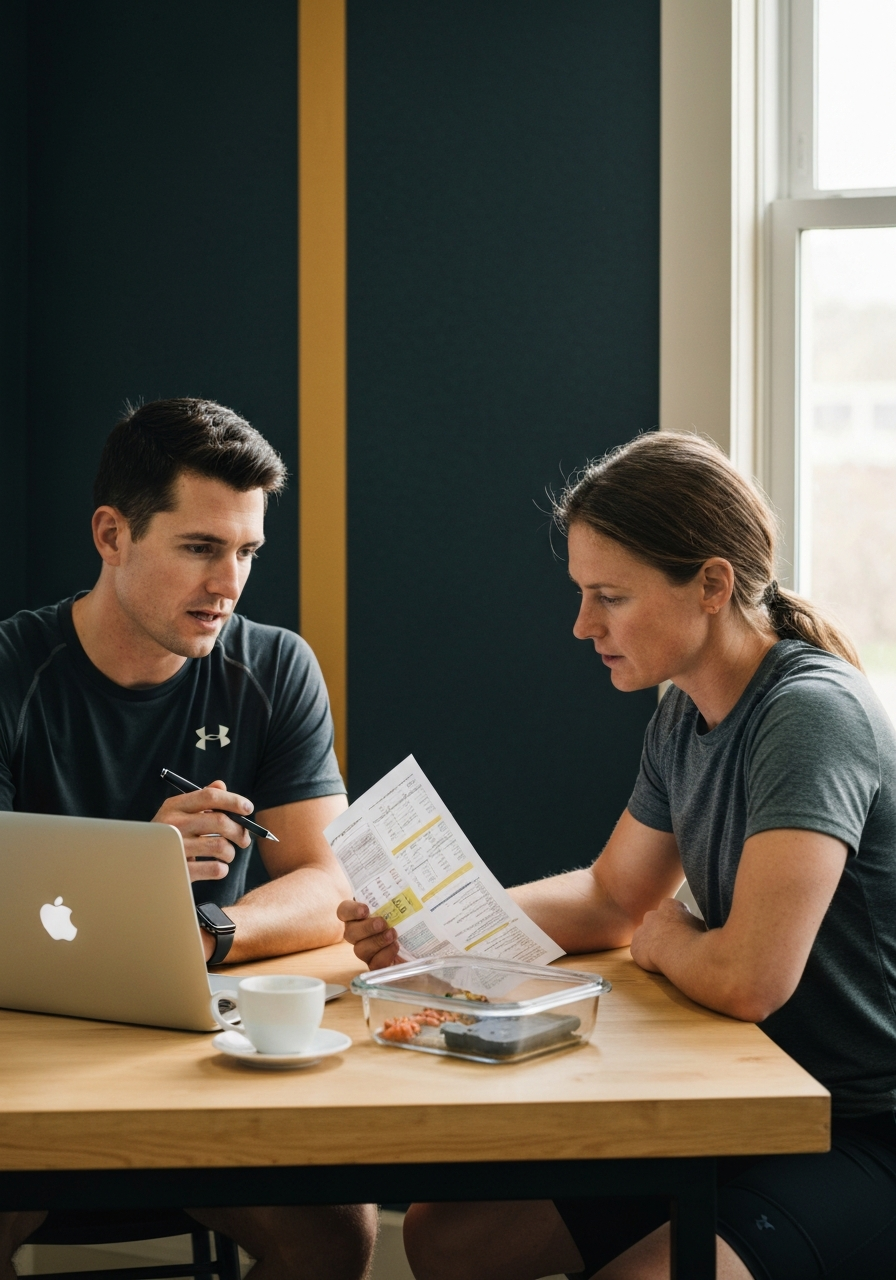 Trainer and client reviewing a personalized nutrition plan over a meal-prep container and laptop.