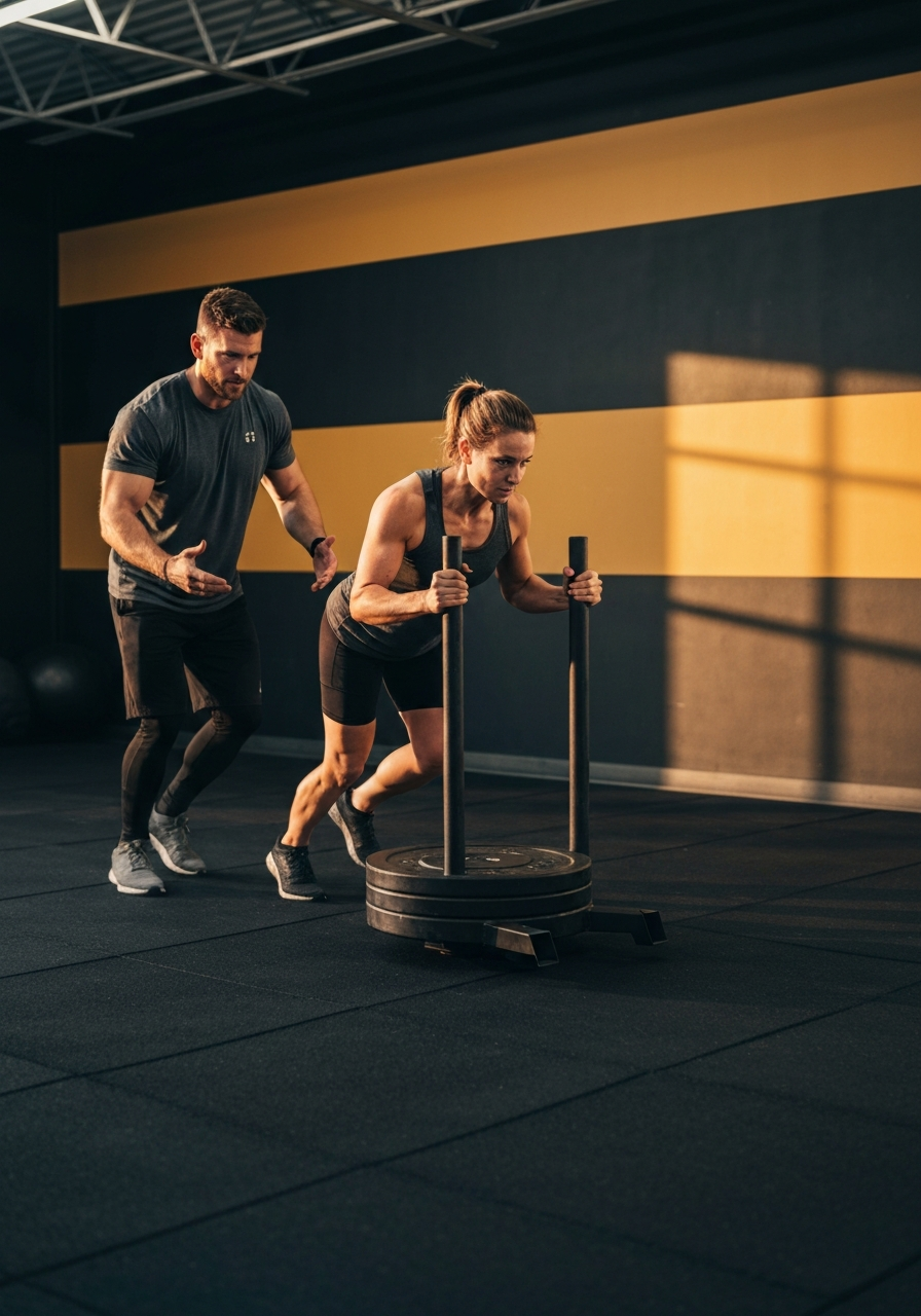 Adult athlete pushing a heavy weight sled with a strength coach trailing alongside calling tempo.