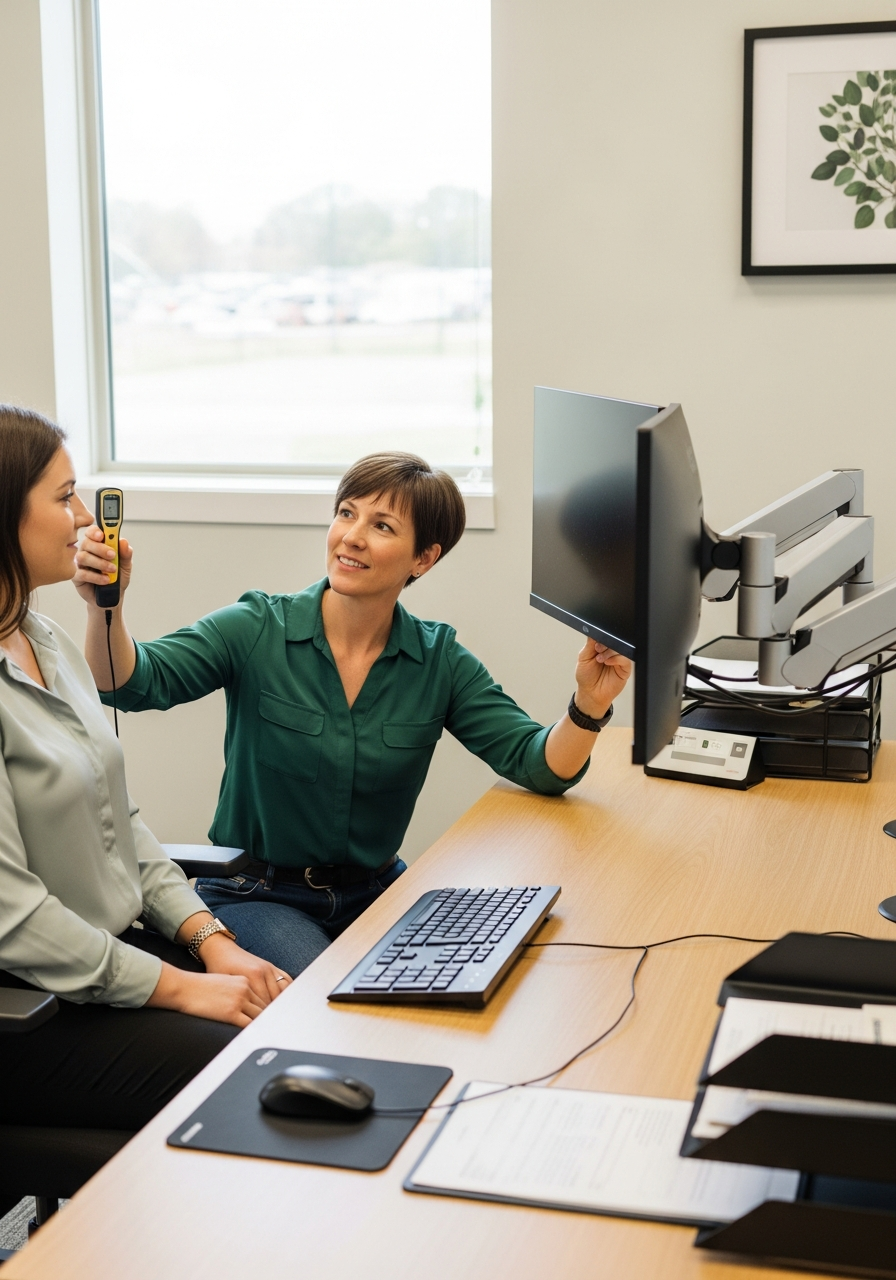 On-site ergonomic workstation assessment with monitor and keyboard adjustments.