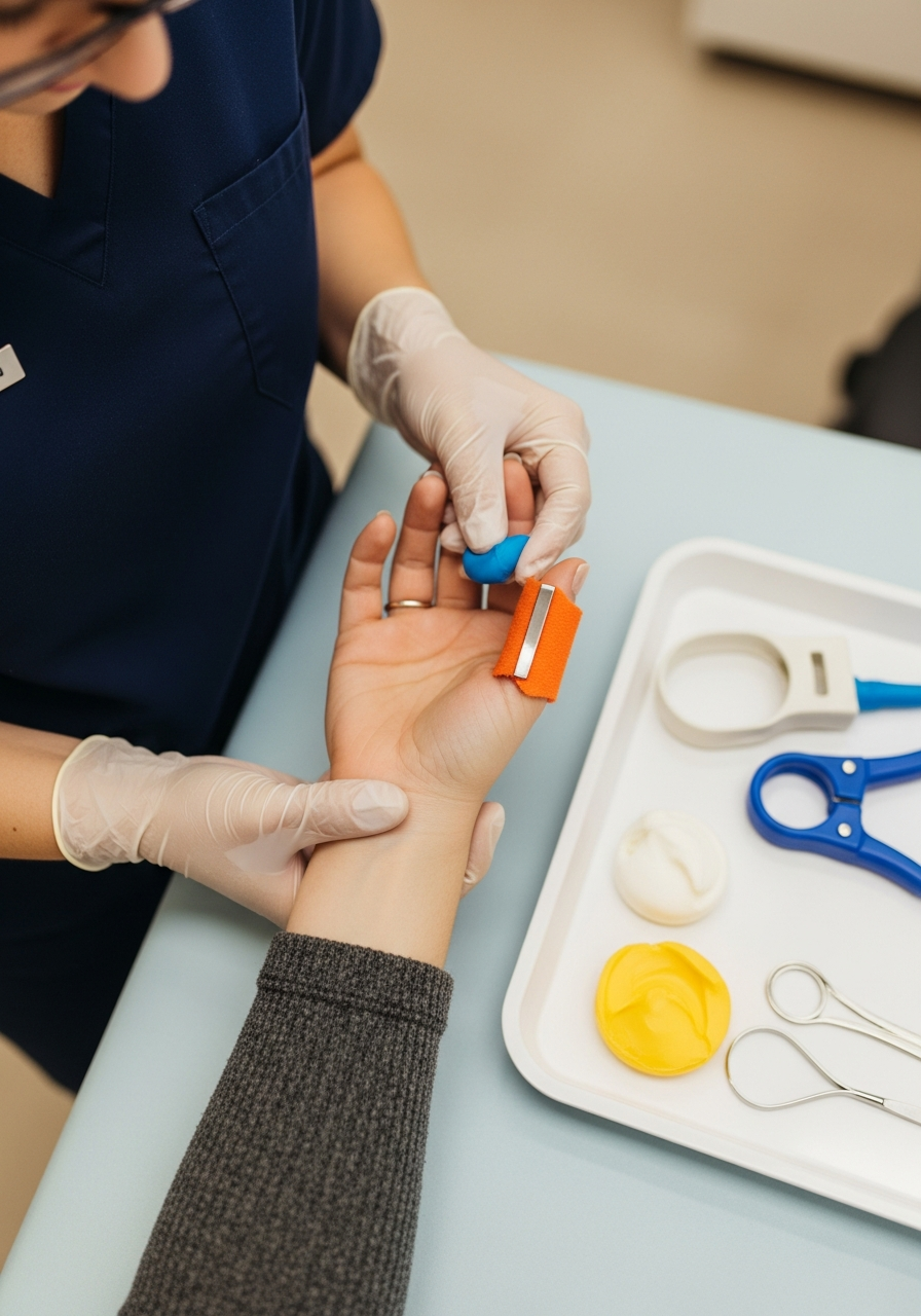 Hand therapy session with a custom thermoplastic splint and finger-extension device.