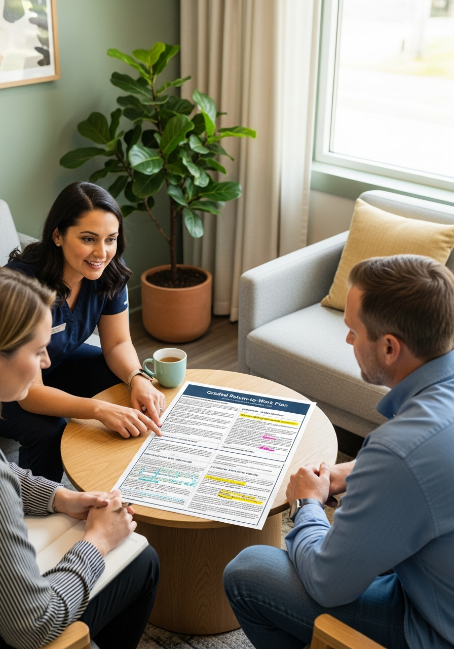 Return-to-work planning meeting with client, therapist, and employer.